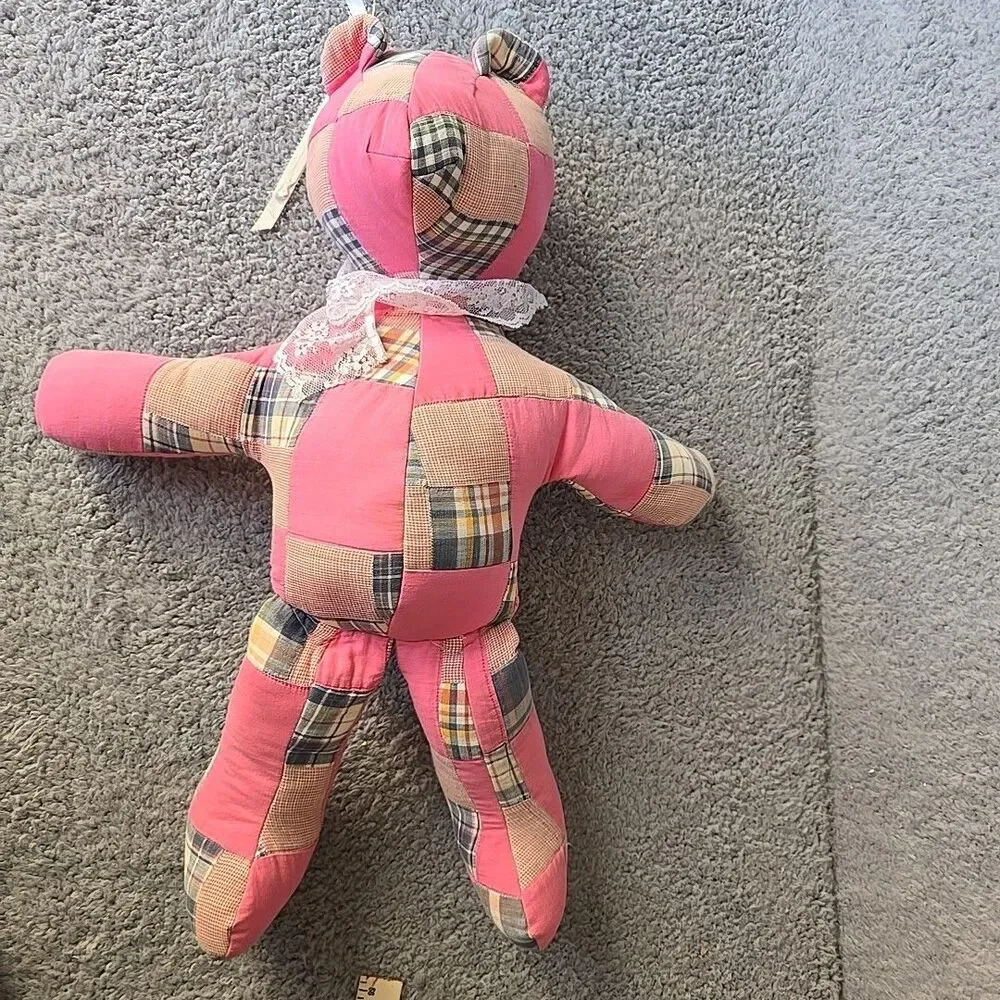 Quilted Stuffed Teddy Bear Pink pillow Kitsch Cottage Handmade 19
